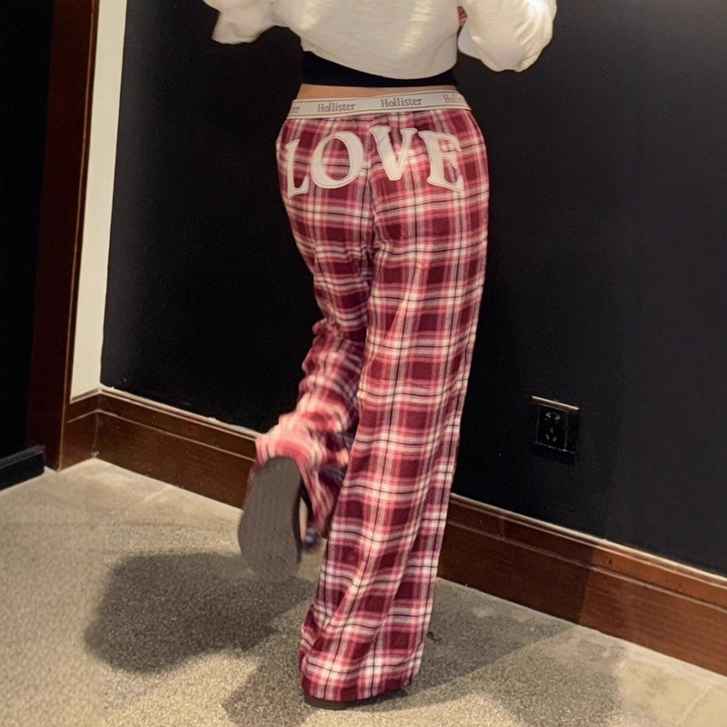 Korean Fashion Hollister Little Seagull Valentine's Day Limited Edition Plaid Lettered Cuff Webbing Casual Pants Plaid Pants Korean Fashion Hollister Little Seagull Valentine's Day Limited Edition Plaid Lettered Cuff Webbing Casual Pants Plaid Pants