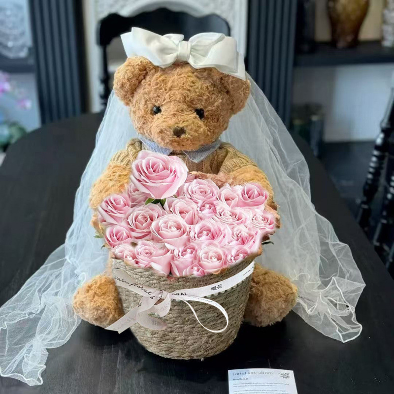 永生花小熊抱抱桶头纱花束仿真玫瑰皂花送女朋友送闺蜜生日礼物花|undefined