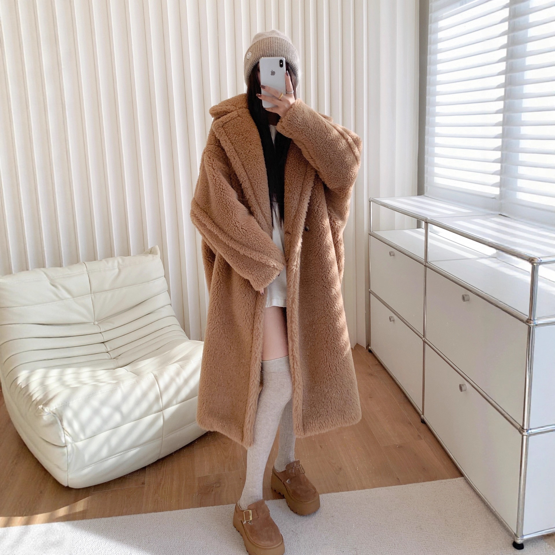 2025新款M家经典泰迪熊大衣中长款廓型羊驼绒皮草外套女