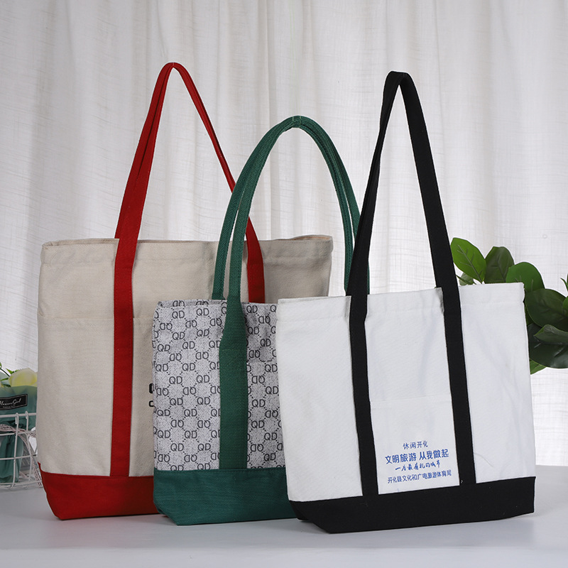 拼接有底无侧帆布袋定 制印手提托特包束口大容量麻布袋订 做logo