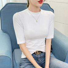 白色纯棉半高领五分袖T恤女中袖遮肚子打底衫修身上衣气质通勤