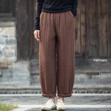 冬款新款裤子复古条纹显瘦百搭夹棉休闲裤棉麻加厚保暖棉裤女外穿