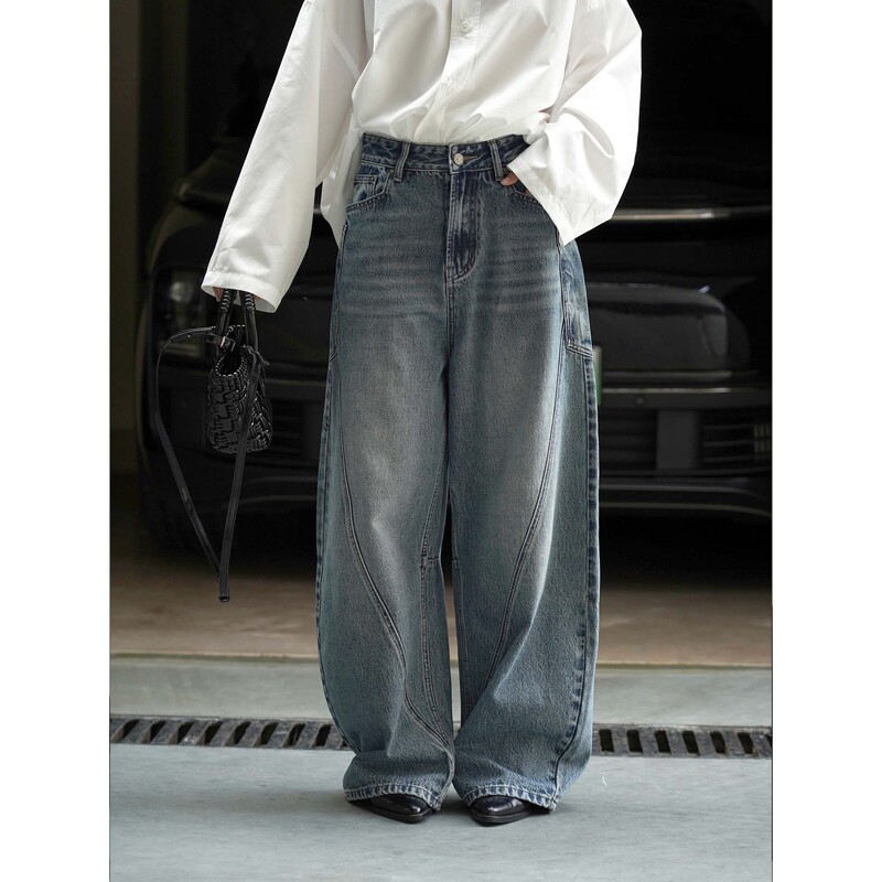 Louvre Autumn and Winter New Korean Style Fashionable Workwear Style Personalized Cut and Spliced ​​Jeans Loose Wide-Leg Pants for Women
