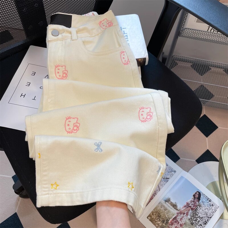 Sweet Girl Wears White Cute Kitty Cat Embroidered Jeans Student Summer New Slimming Look Wide Leg Jeans Sweet Girl Wears White Cute Kitty Cat Embroidered Jeans Student Summer New Slimming Look Wide Leg Jeans