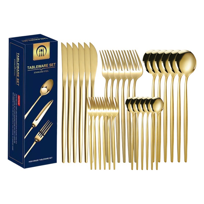 Suministro transfronterizo cuchillo de acero inoxidable y tenedor conjunto de 30 piezas traje de vajilla portuguesa Oro creativo cuchillo de carne occidental, tenedor y cuchara