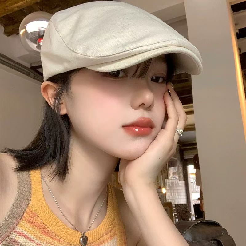 日系简约前进帽子女纯色复古英伦风贝雷帽女纯棉光板文艺百贝雷帽|undefined