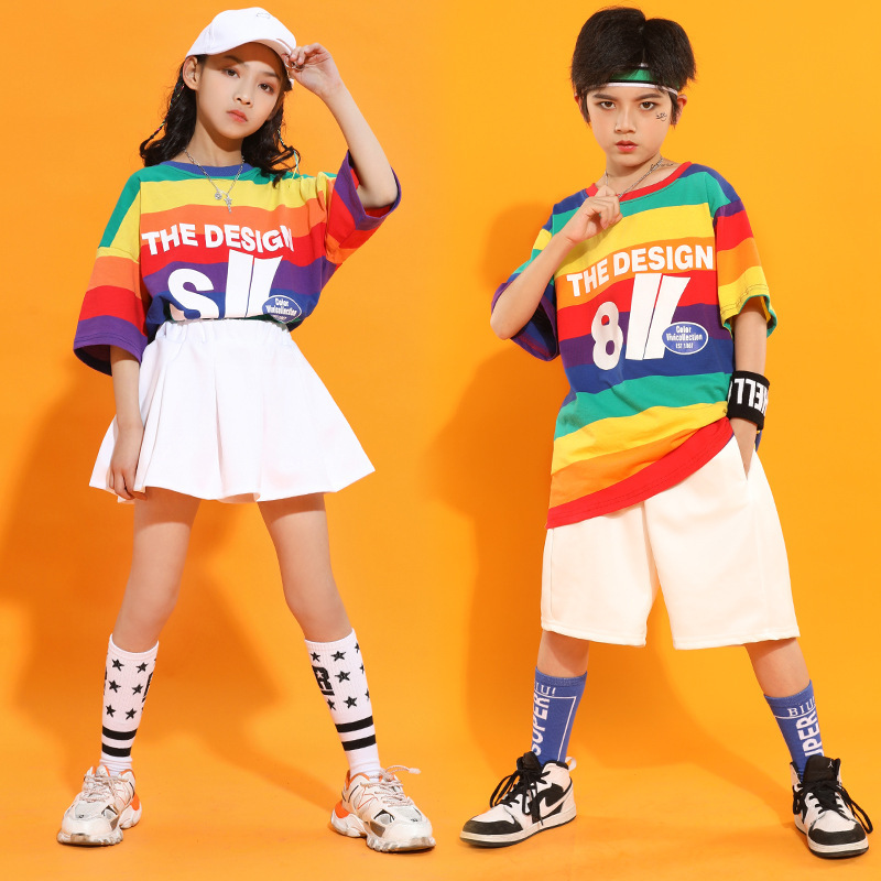 Girls boys rapper rainbow hiphop jazz street dance costumes for children cheerleading dance uniforms for children loose boy hip-hop dance sport suit