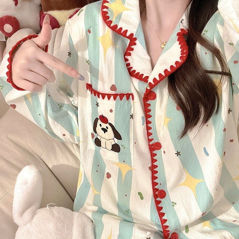 [Long Sleeve Pants] Foreign Trade ins Cross-border Korean Pajamas Women's Cardigan Sweet Simple Japanese Spring and Autumn