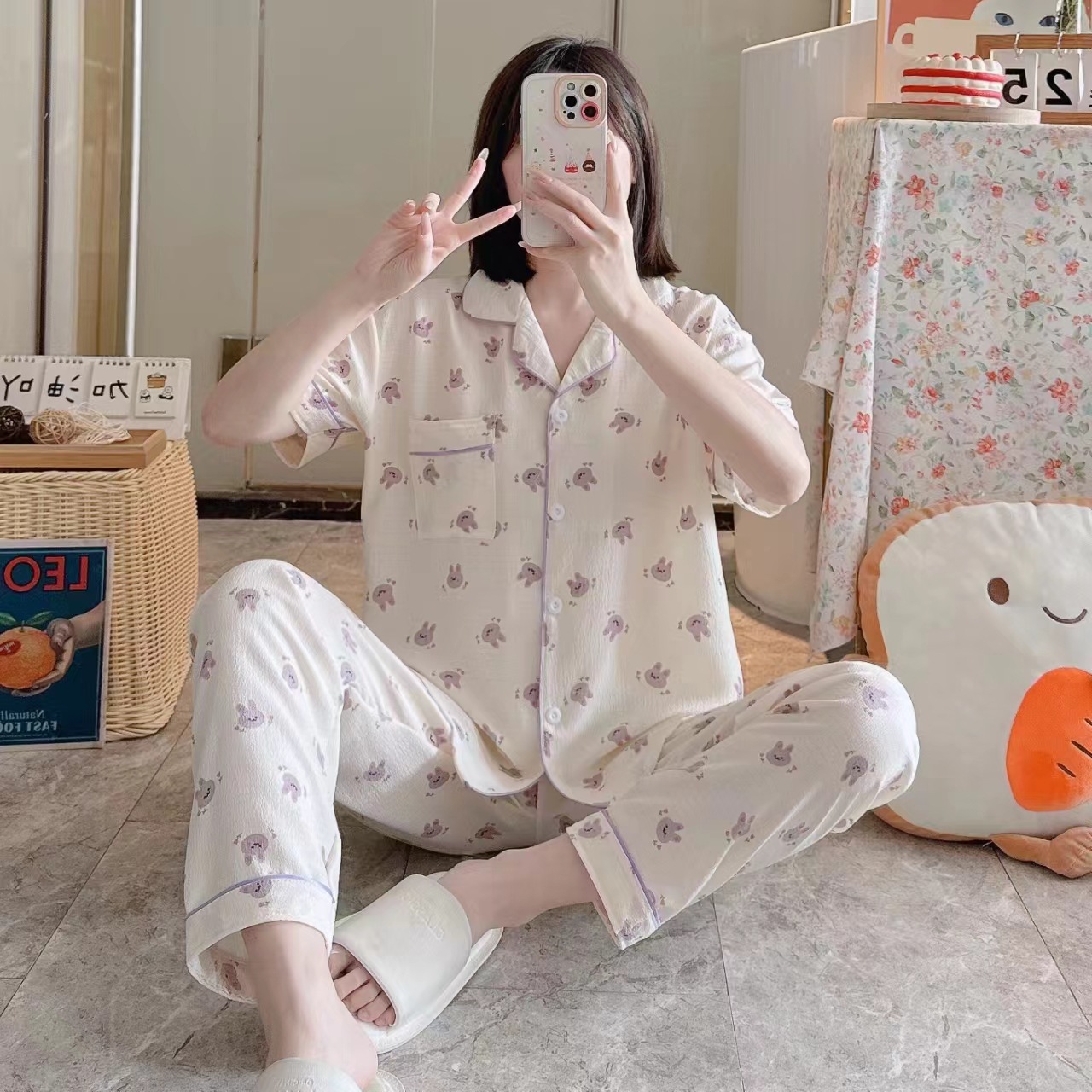 Pajamas de espuma tejidos de verano de algodón pantalones largos de mangas cortas ropa para el hogar de verano delgada de algodón conjunto de dos piezas
