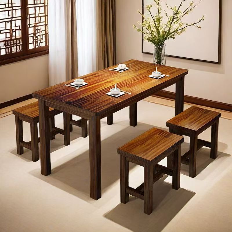 Tables and Chairs Solid Wood Carbonized Fast Food Snack Bar Tables and Chairs Barbecue Noodle Shop Tables Hot Pot Restaurant Restaurant Table and Chair Combination