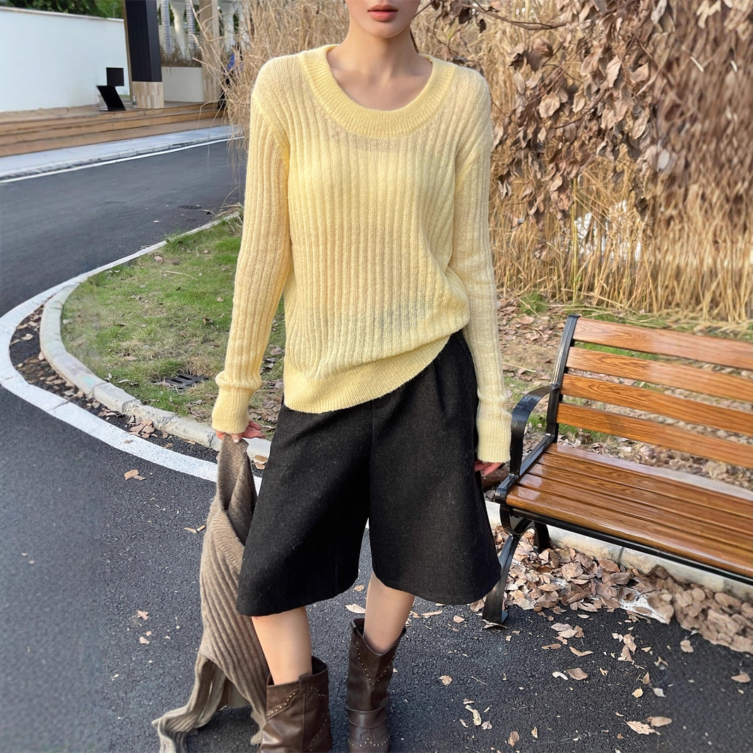 【实拍】坑条含羊毛春秋新款圆领套头好看高级感休闲黄色毛衣女