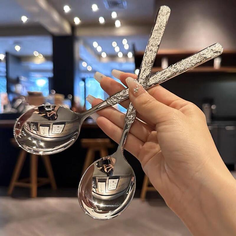 Stainless steel spoon subnet red stone pattern spoon restaurant eating spoon Korean style long handle drinking spoon spoon spoon spoon dessert spoon