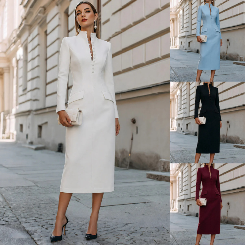 European and American cross-border women's clothing: Stand-up collar, long-sleeved, waist-cinching, mid-length dress, elegant and slim-fitting, bodycon party dress European and American cross-border women's clothing: Stand-up collar, long-sleeved, waist-cinching, mid-length dress, elegant and slim-fitting, bodycon party dress