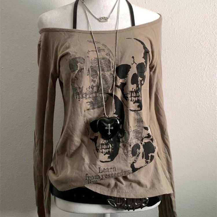 Subculture Punk Y2K Millennial Hottie Vintage Vintage Skull One-Shoulder T-Shirt Women's Slimming Look Top Subculture Punk Y2K Millennial Hottie Vintage Vintage Skull One-Shoulder T-Shirt Women's Slimming Look Top