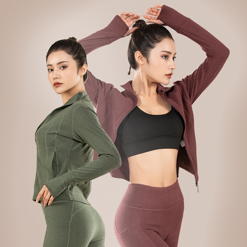 Juyitang cepillado yoga ropa superior melocotón deportes abrigo de las mujeres del otoño y el invierno de la cremallera del collar del soporte corriendo ropa de entrenamiento