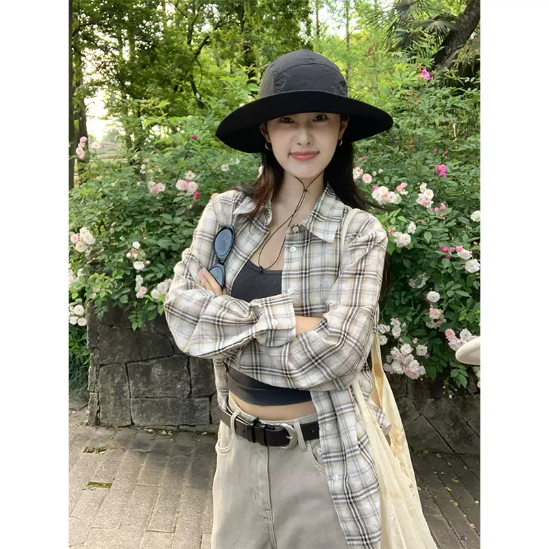 楠涛慵懒风全棉格纹长袖衬衫女早秋新款落肩设计感薄款防晒衬衣
