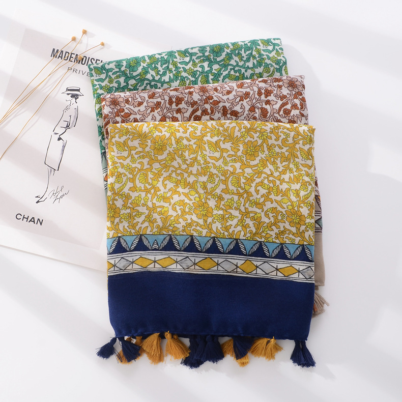 Primavera y verano nuevo tul fresco algodón y lino monocromo flor borla playa vacaciones protección solar aire acondicionado chal Toalla de playa