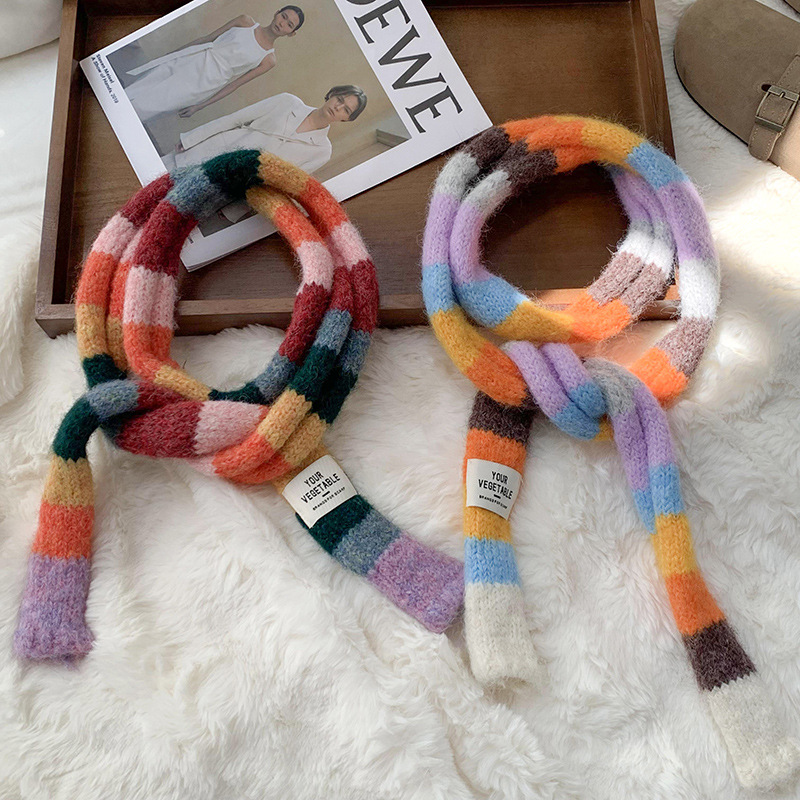 Bufandas de invierno de alta calidad para mujeres nuevas chicas coreanas dulces y frescas, cabello marino, rayas de color contrastantes, bufandas estrechas, bufandas de cuello