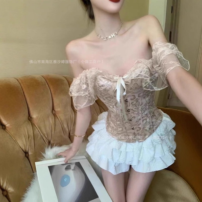 Palace-Style Sweet and Spicy Fashion Lace Camisole Off-Shoulder Elegant Bustier Fishbone Top with Underwire Corset and Bust Support