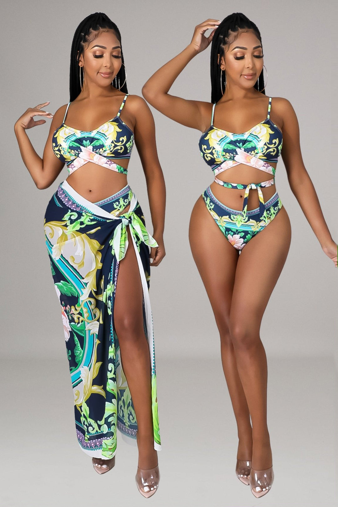 printed split with slit skirt three-piece bikini set NSYMS129280