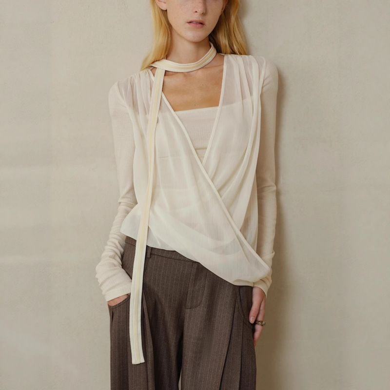 Draped Overlapping Mesh Fake Two-Piece Velvet Halterneck Wool Knitted Top