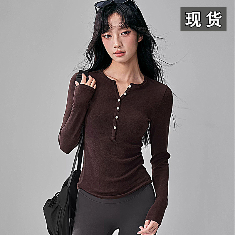 New Style Yoga Wear Long-Sleeved Henry Collar Slimming Bottoming Shirt Pilates Running Training Sports Top Women's Long-Sleeved