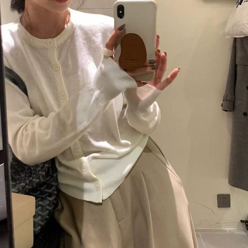 法式温柔风纯色针织开衫女秋冬季新款简约长袖圆领时尚打底上衣潮|undefined