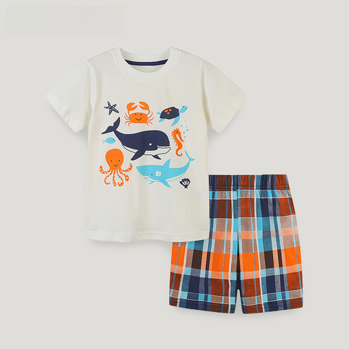 Summer  New Children's Apparel for Kids - European and American Style Short Sleeve T-shirt Set with Cartoon Print for Boys, 2-Piece Shorts Set