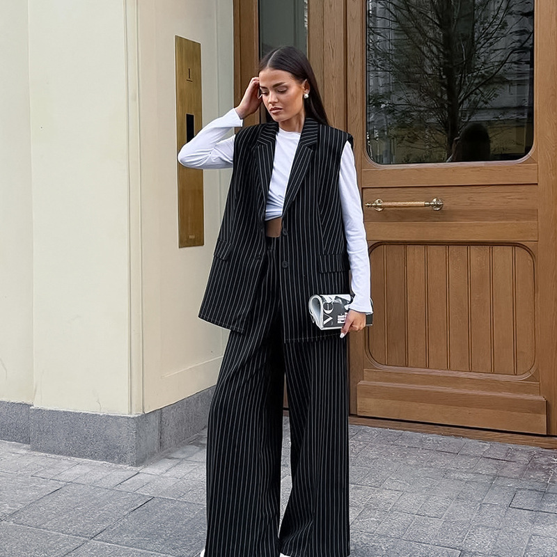 Autumn 2025 European and American Cross-Border New Women's Thin Striped Sleeveless Blazer Wide-Leg Pants Fashion Casual Suit