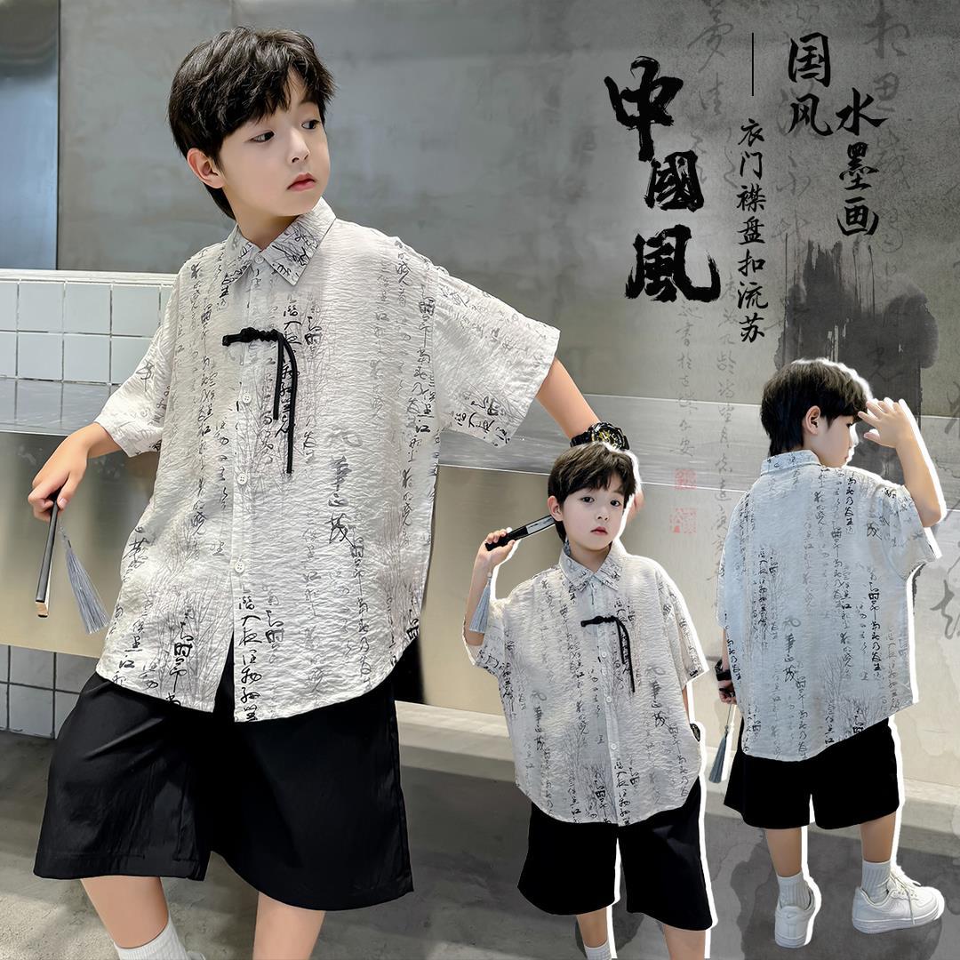 跨境男童2026夏季新款汉服儿童衬衫水墨时尚休闲薄款复古中国风