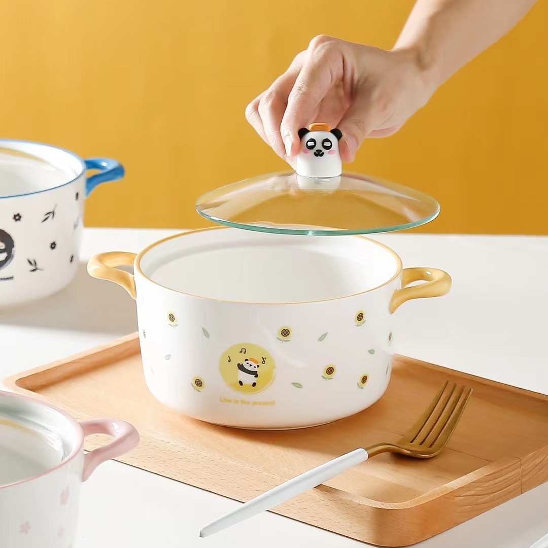 Personalidad creativa lindo Panda de dibujos animados regalo de tazón de fideos personalidad tazón de sopa de cerámica tazón de ensalada coreano con tapa tazón de arroz