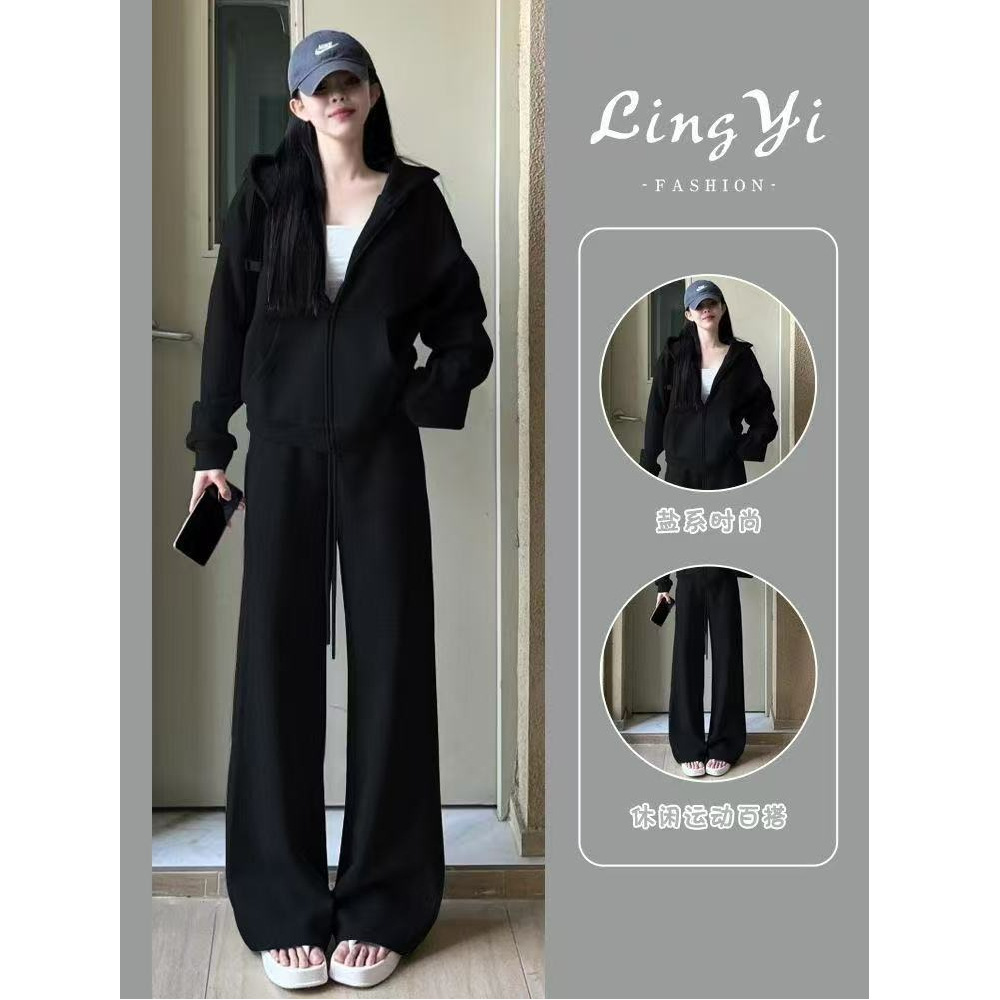 Autumn and Winter Casual Sports Suit for Women 2025 New Lazy Style Loose Hooded Gray Sweatshirt Wide Leg Two-Piece Set