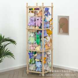 木质收纳置物架玩偶填充收纳网家用儿童毛绒玩具木制收纳置物架