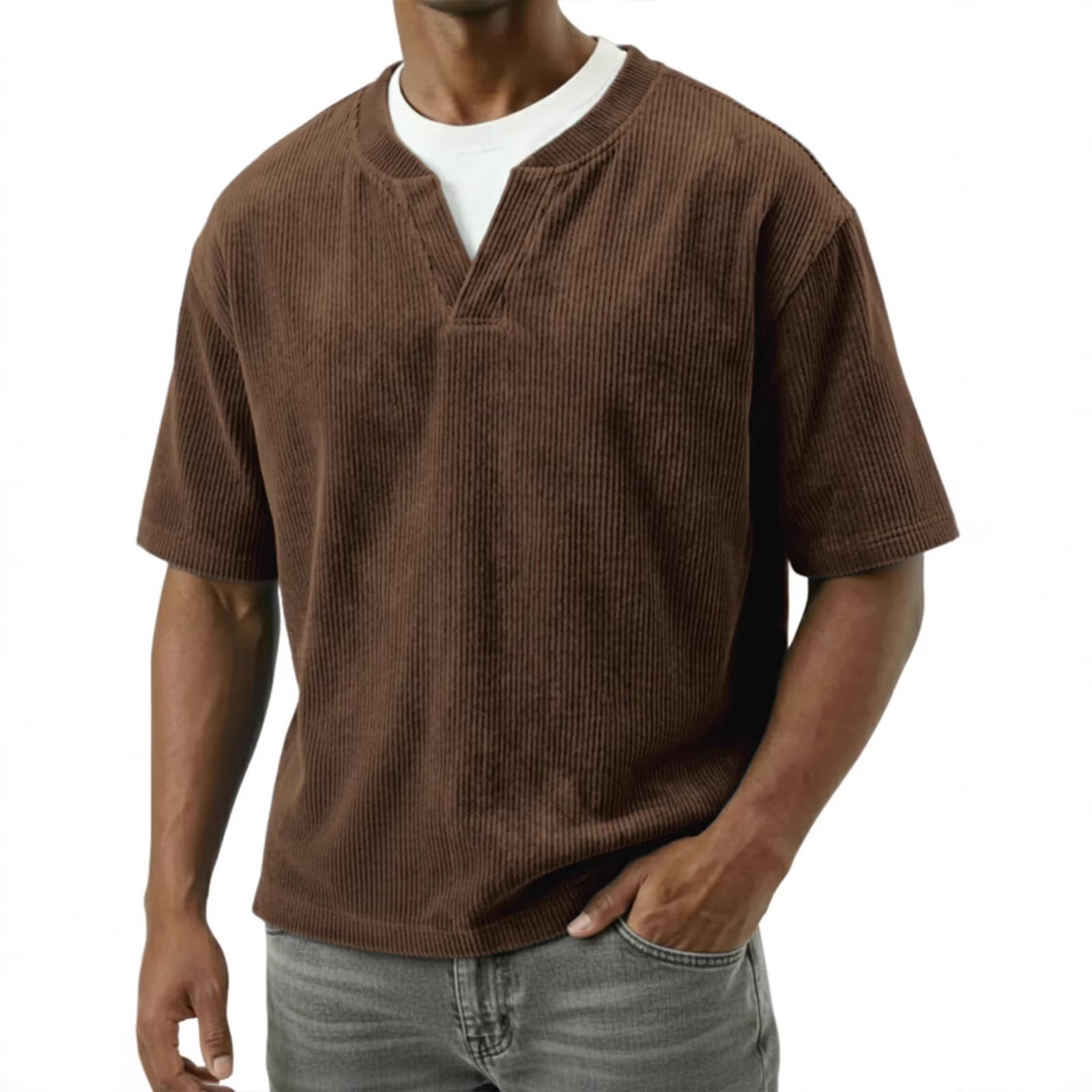 T-shirt casual da uomo a maniche corte, doppio colletto, finto velluto a coste, bianca e nera, primavera/estate, stile europeo/americano, cotone, pezzo unico_voghion.com