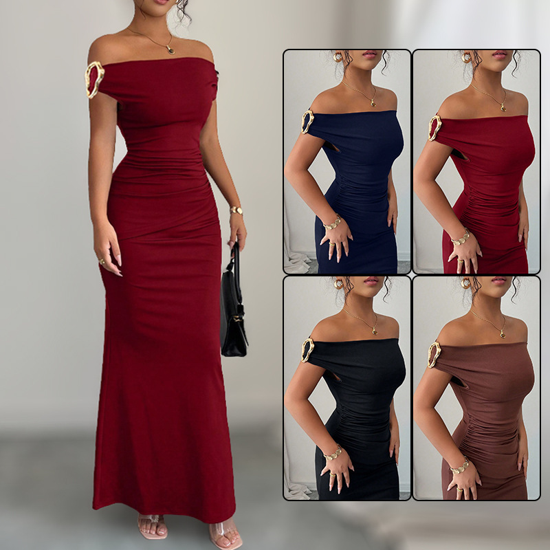 2026 Autumn/Winter New Off-Shoulder One-Line Neck Dress European and American Cross-Border Sexy Elegant Long Dress Evening Gown Women's Clothing