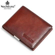 跨境代发曼邦男士钞票夹擦色头层牛皮多卡位防盗刷零钱袋皮夹