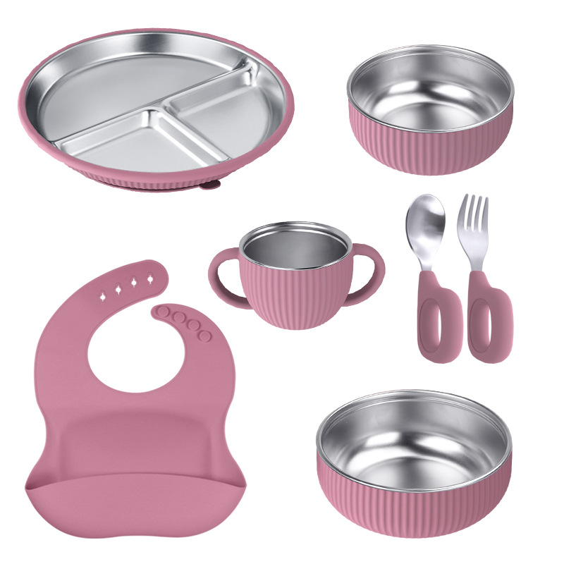 Factory Direct Sales Stainless Steel Silicone Children's Tableware Silicone Dinner Plate Bowl Fork Spoon Bib Tableware Baby Tableware Set