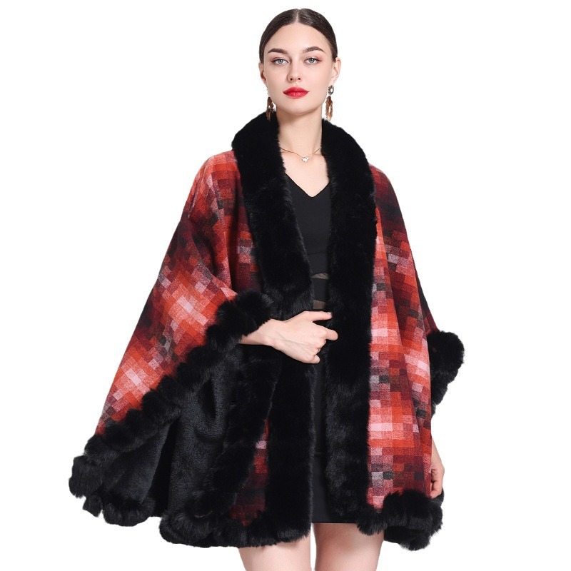 Fleece thickened plaid collar cape cape loose large size knitted cardigan coat for women_voghion.com