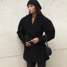 秋冬欧美跨境新款宽松收腰长袖毛呢西装外套女中长款百搭时尚西服