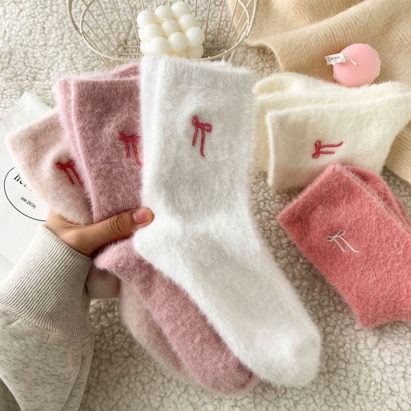 秋と冬のピンクのリボン刺繍入り女性用ソックス、ベルベットの厚みのある暖かいソックス、ホームフロアミッドカーフソックス、スリープソックス|undefined