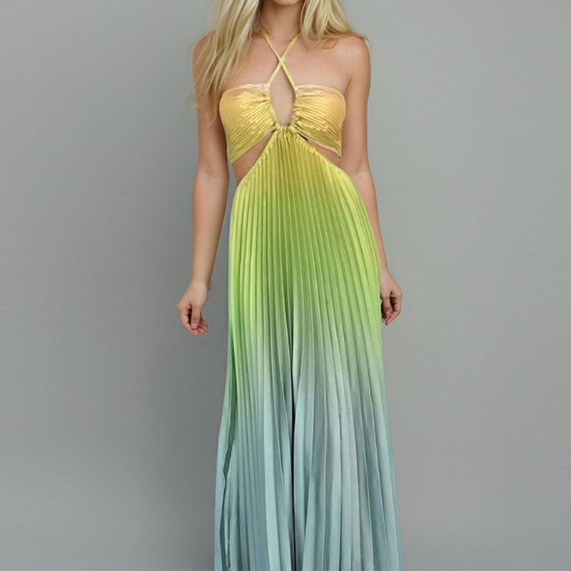 Women's Elegant Hollow Out Halter Neck Dress Spring 2026 Sexy Gradient Color Long Casual American Style Summer Clothing_ecoleips.com