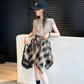 女童夏季背心裤裙套装2025女中大童格子裙t恤洋气时髦两件套街舞