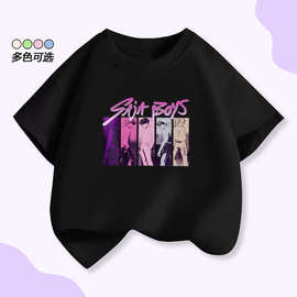 时髦跨境猎魔男团KPOP SAJA BOYS短袖T恤男女童夏季潮牌儿童上衣