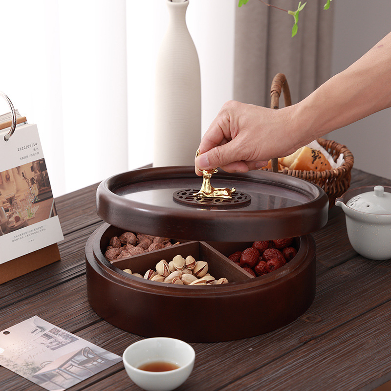 Caja de madera de doble capa de madera nueva caja de dulces chinos caja de nueces casera sala de estar semillas de melón bandeja de almacenamiento de bocadillos