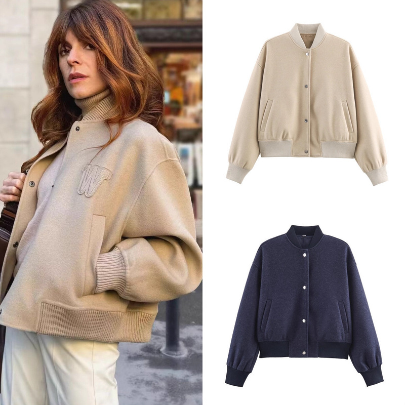 Hm Foreign Trade Cross-Border Spot Wholesale European and American Style Women's Autumn Clothing Popular Stand-Up Collar Fashionable Soft Woolen Women's Jackets