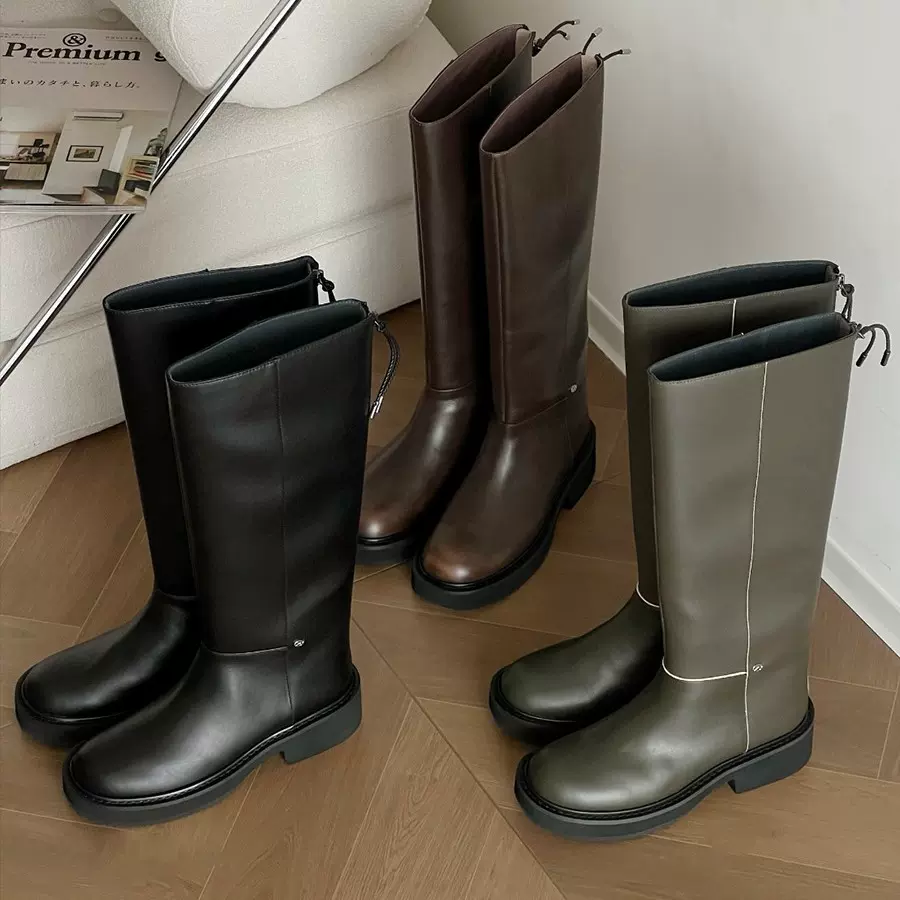 复古牛皮长筒骑士靴女2025秋冬新款显瘦不过膝高筒靴2025新款