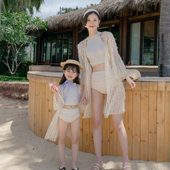 親子泳衣女母女新款分體比基尼三件套保守高腰遮肚運動泡溫泉泳裝