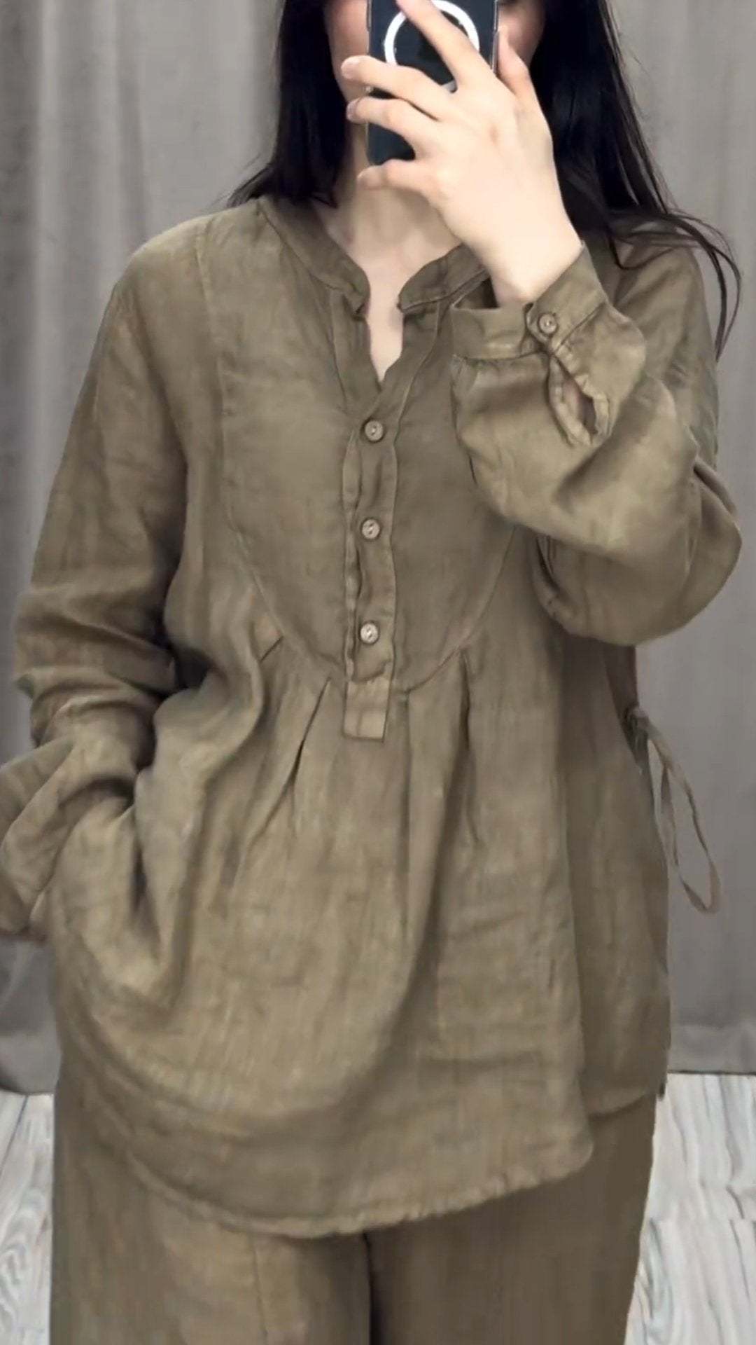 Women's Clothing Fashionable And Comfortable Women's Cotton Linen Suit Long Sleeved Half Open Casual Pleated Wide Leg Pants Autumn_ecoleips.com