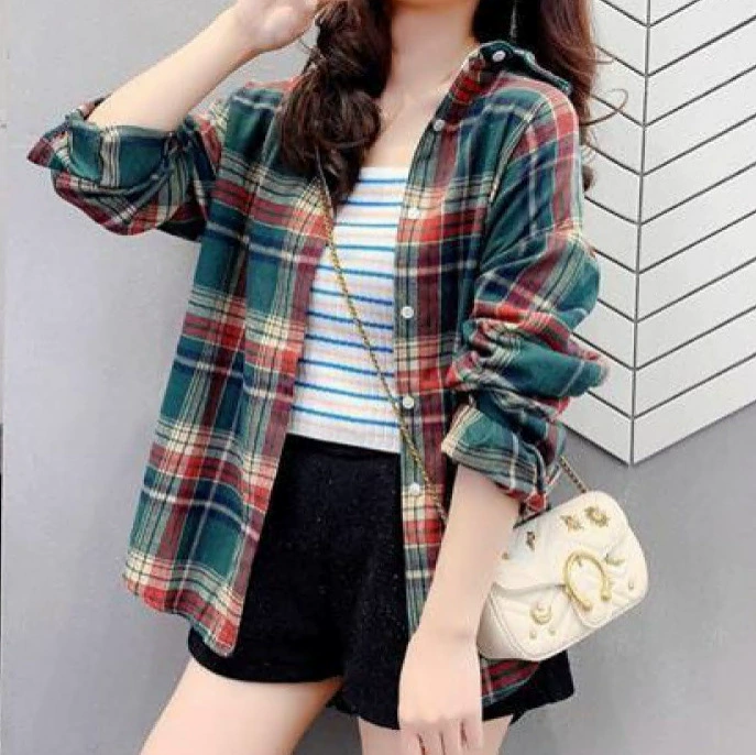 Клетчатая рубашка женская свободная гонконгская большая клетчатая шерсть повседневная куртка новый весенний и осенний топ дикая рубашка кардиган