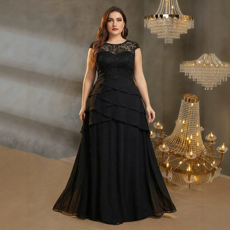 Lace Vest Dress with Large Size Chiffon Overlay, Ruffled A-Line Elegant Semi-Sheer Evening Gown for Parties Lace Vest Dress with Large Size Chiffon Overlay, Ruffled A-Line Elegant Semi-Sheer Evening Gown for Parties